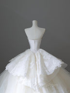 Unique Ball Gown Strapless White Lace Satin Long Wedding Dress Brides Dress