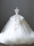 Unique Ball Gown Strapless White Lace Satin Long Wedding Dress Brides Dress