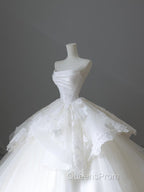 Unique Ball Gown Strapless White Lace Satin Long Wedding Dress Brides Dress