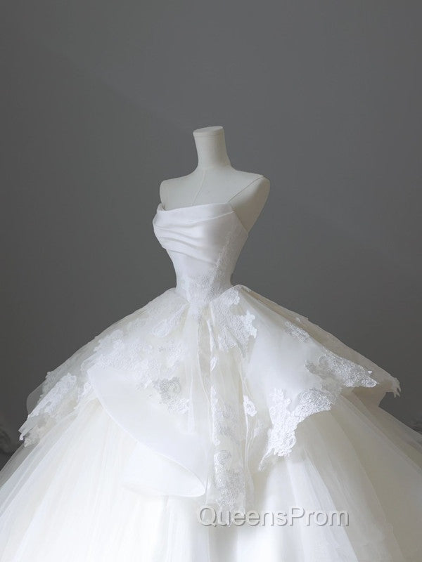 Unique Ball Gown Strapless White Lace Satin Long Wedding Dress Brides Dress