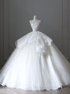 Unique Ball Gown Strapless White Lace Satin Long Wedding Dress Brides Dress