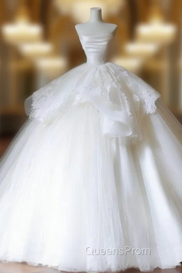 Unique Ball Gown Strapless White Lace Satin Long Wedding Dress Brides Dress