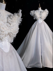 Unique Ball Gown Sweetheart Long Tulle White Wedding Dress Brides Dress