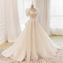 Unique Ball Gown Sweetheart Short Sleeves Long White Wedding Dress