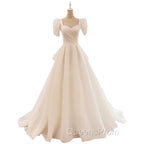 Unique Ball Gown Sweetheart Short Sleeves Long White Wedding Dress