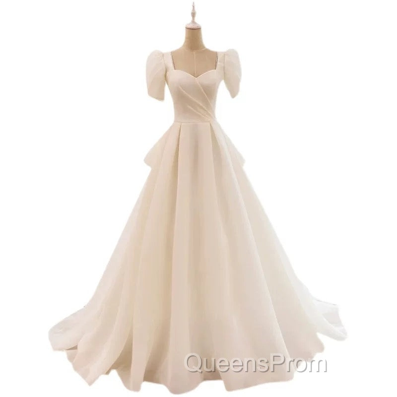 Unique Ball Gown Sweetheart Short Sleeves Long White Wedding Dress