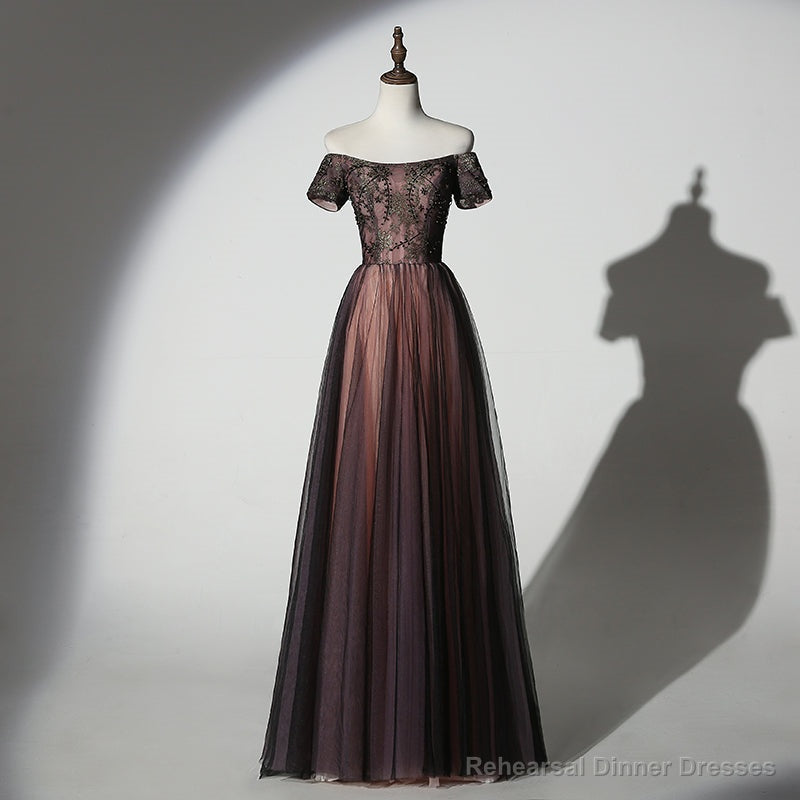 Unique Black and Champagne Tulle Long Party Dress, Senior Prom Dress Main image