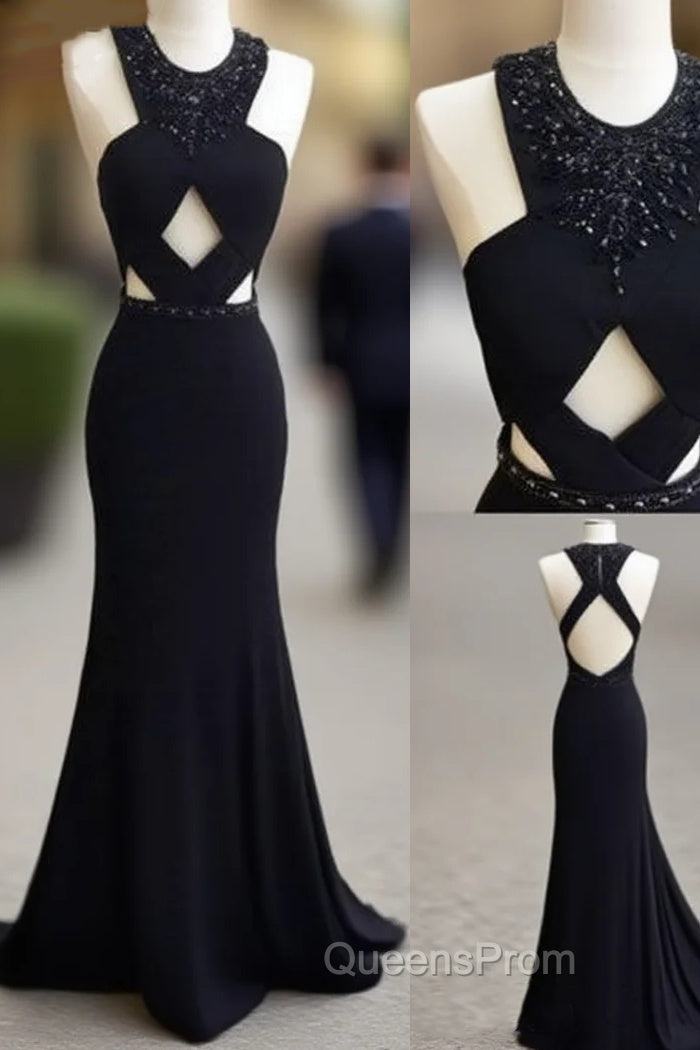 Unique Black Mermaid Long Evening Prom Dress, Black Evening Dress For Teens Main image