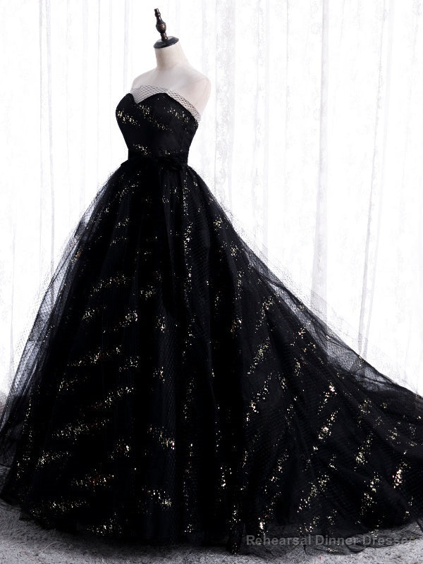 Unique Black Tulle Sequins Strapless Prom Dress Main image