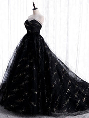 Unique Black Tulle Sequins Strapless Prom Dress