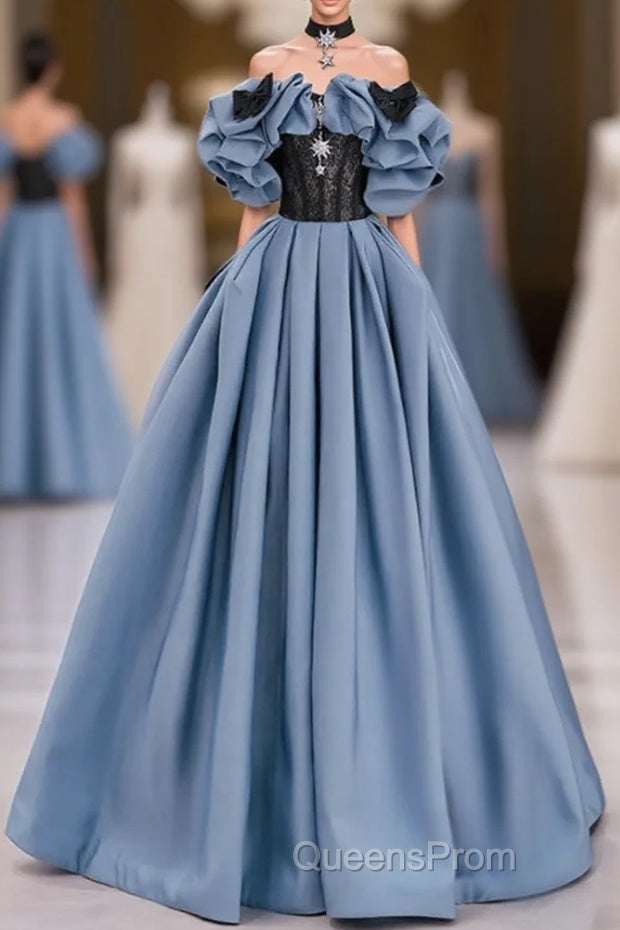 Unique Blue Evening Prom Dress Off Shoulder Satin Lace Long Evening Dress Main image