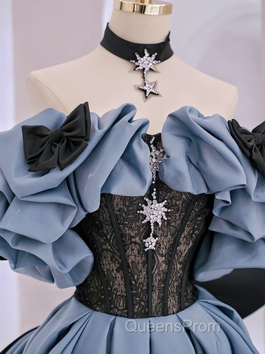 Unique Blue Evening Prom Dress Off Shoulder Satin Lace Long Evening Dress Secondary image