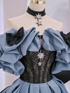 Unique Blue Evening Prom Dress Off Shoulder Satin Lace Long Evening Dress