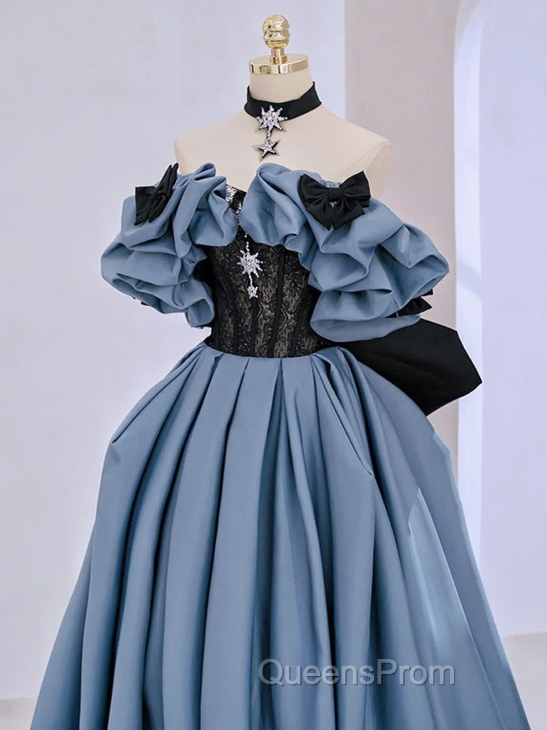 Unique Blue Evening Prom Dress Off Shoulder Satin Lace Long Evening Dress