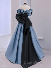 Unique Blue Evening Prom Dress Off Shoulder Satin Lace Long Evening Dress