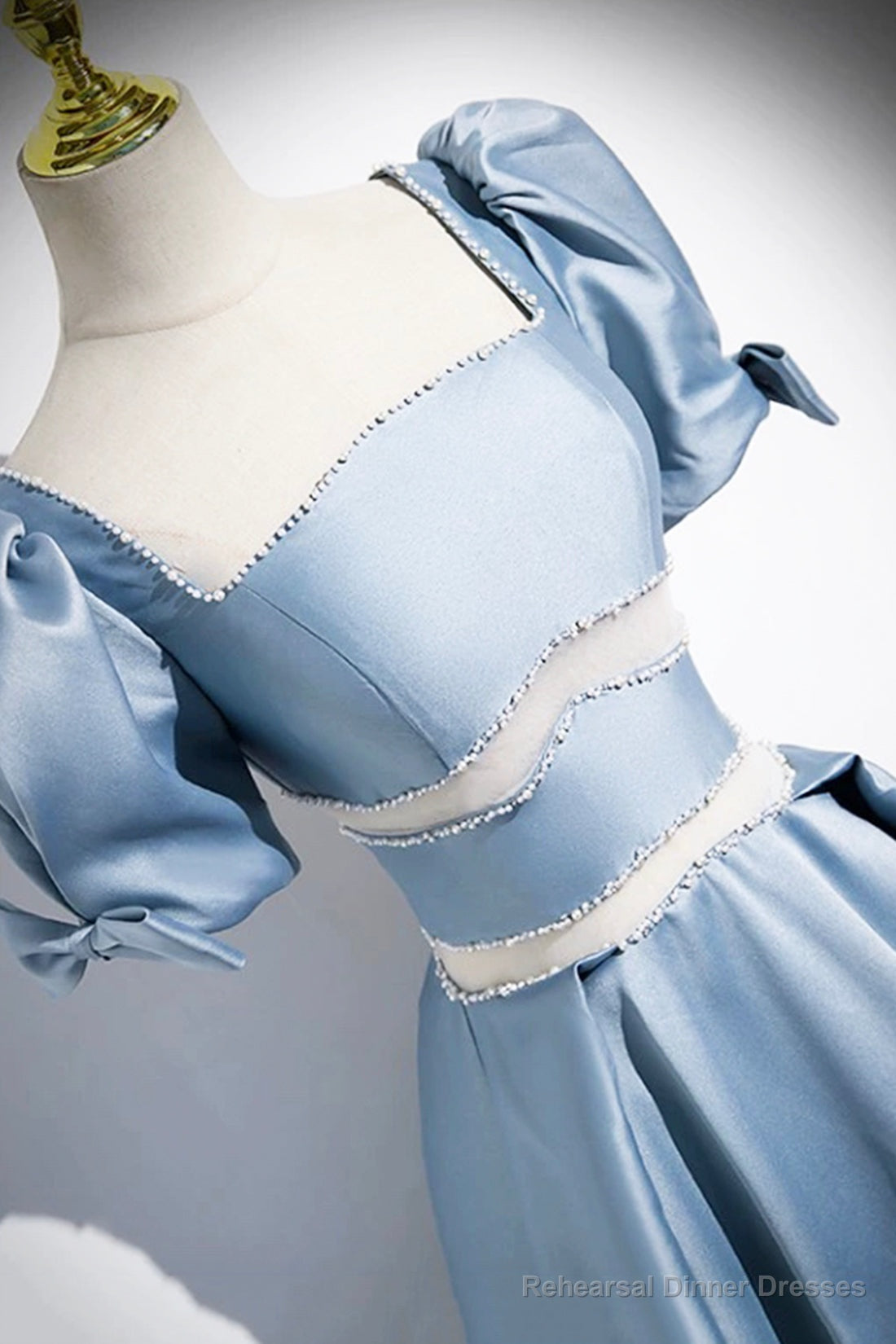 Unique Blue Satin Long Prom Dress, A-Line Short Sleeve Blue Evening Dress Secondary image