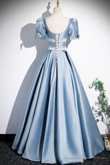 Unique Blue Satin Long Prom Dress, A-Line Short Sleeve Blue Evening Dress