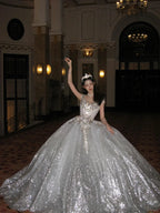 Unique Bridal Dress Ball Gown Scoop White Sequin Long Wedding Dresses Luxury Bride Dress Bridal Gowns