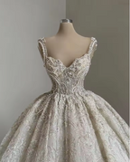 Unique Bridal Gown Ball Gown Straps Neck White Sequin Wedding Dress Pretty Bridal Gowns