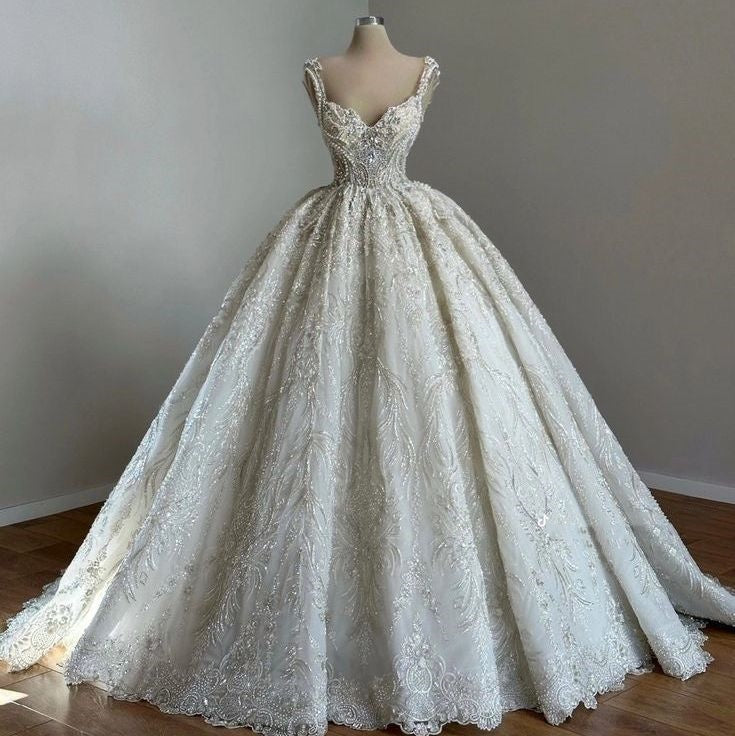 Unique Bridal Gown Ball Gown Straps Neck White Sequin Wedding Dress Pretty Bridal Gowns