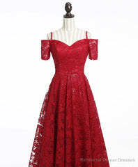 Unique Burgundy Lace Long Prom Dress, Burgundy Evening Dress