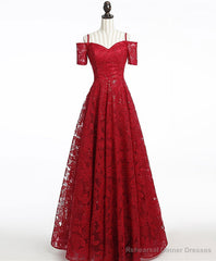 Unique Burgundy Lace Long Prom Dress, Burgundy Evening Dress