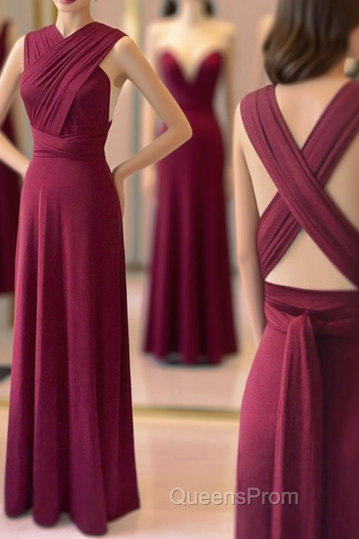 Unique Burgundy Long Evening Prom Dress with Cross Back, Burgundy Formal Graduation Evening Dress, Burgundy Bridesmaid Dress Main image