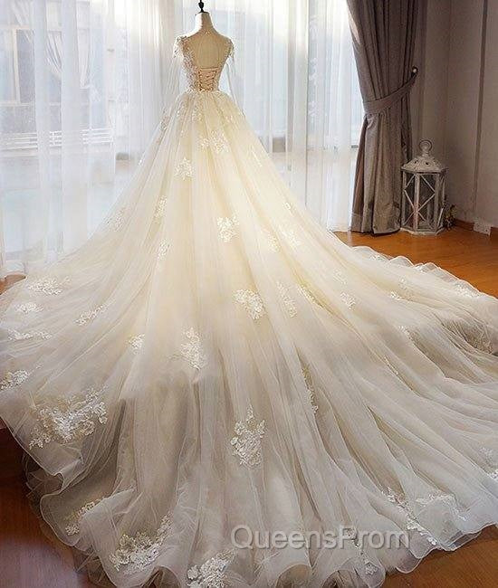 Unique Champagne Tulle Lace Long Evening Prom Dress, Champagne Wedding Dress