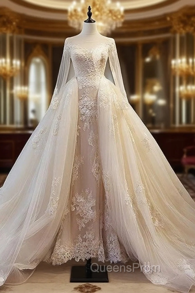 Unique Champagne Tulle Lace Long Evening Prom Dress, Champagne Wedding Dress