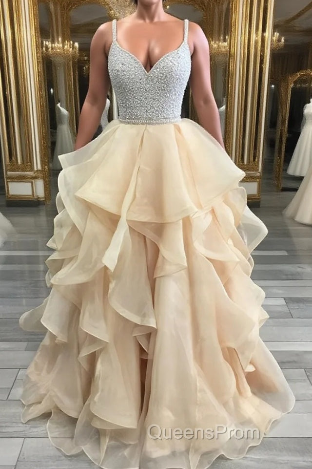 Unique champagne tulle sequin long Evening Prom Dress, champagne evening Dress Main image