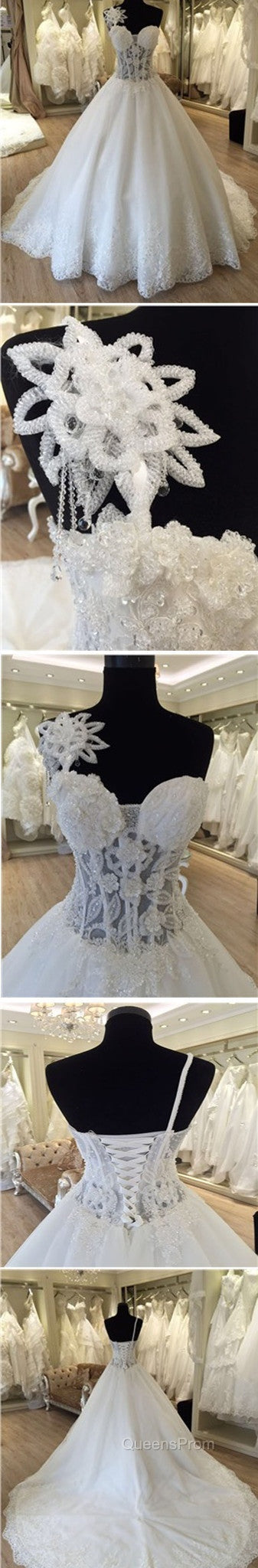 Unique Design One Shoulder See Through A-Line Lace Tulle Wedding Dress, Secondary image