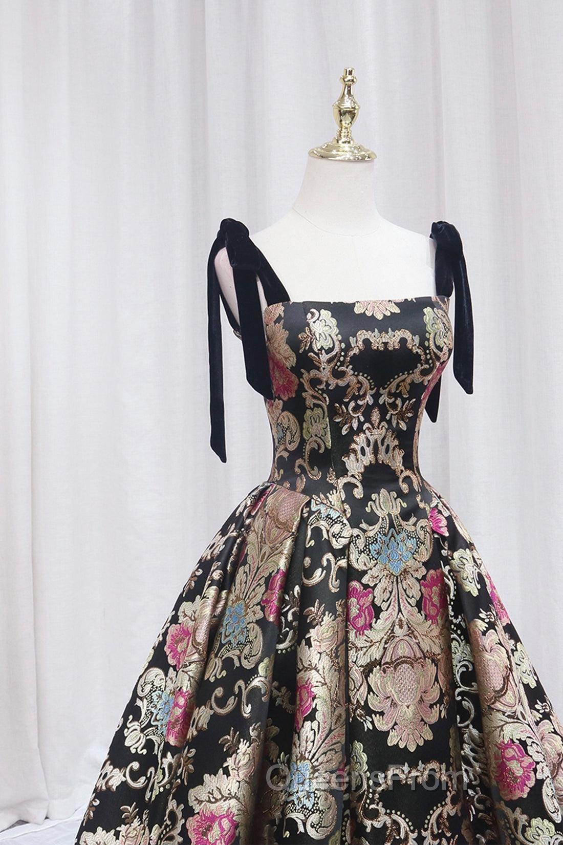 Unique Floral Floor Length Evening Prom Dress, A-Line Black Evening Dress Secondary image