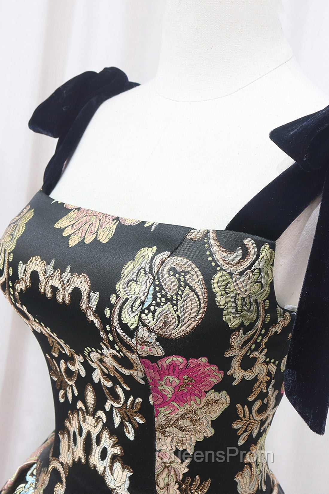 Unique Floral Floor Length Evening Prom Dress, A-Line Black Evening Dress