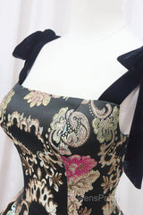 Unique Floral Floor Length Evening Prom Dress, A-Line Black Evening Dress