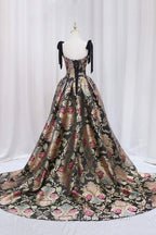 Unique Floral Floor Length Evening Prom Dress, A-Line Black Evening Dress