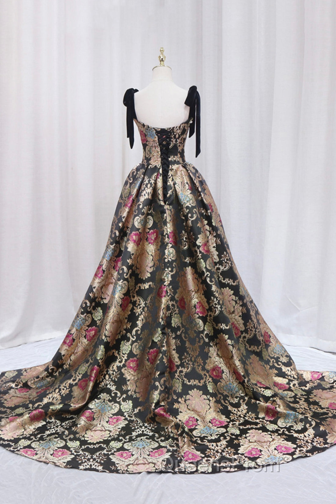 Unique Floral Floor Length Evening Prom Dress, A-Line Black Evening Dress