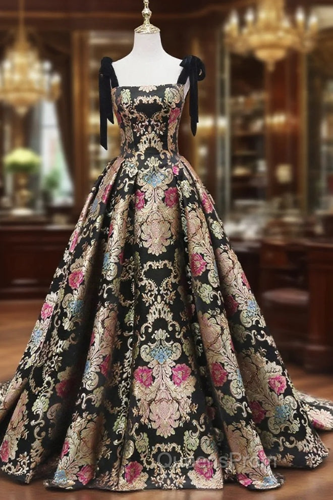 Unique Floral Floor Length Evening Prom Dress, A-Line Black Evening Dress Main image