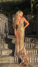 Unique Mermaid Golden Sequin Long Sweep Open Back Classy Prom Dress Classy Evening Dress