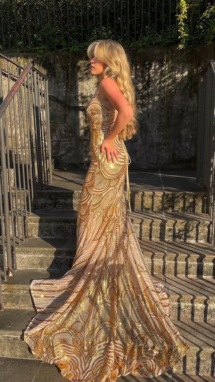Unique Mermaid Golden Sequin Long Sweep Open Back Classy Prom Dress Classy Evening Dress