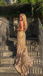 Unique Mermaid Golden Sequin Long Sweep Open Back Classy Prom Dress Classy Evening Dress