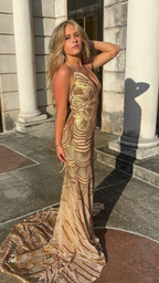Unique Mermaid Golden Sequin Long Sweep Open Back Classy Prom Dress Classy Evening Dress
