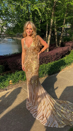 Unique Mermaid Golden Sequin Long Sweep Open Back Classy Prom Dress Classy Evening Dress