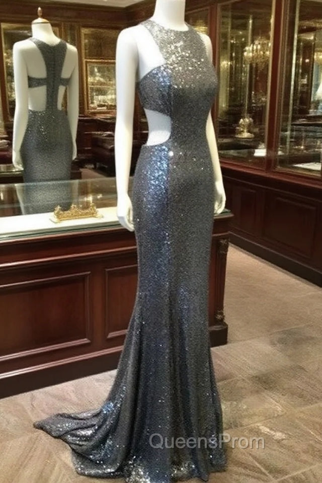 Unique Gray Sequin Mermaid Long Evening Prom Dress, Gray Evening Dress Main image