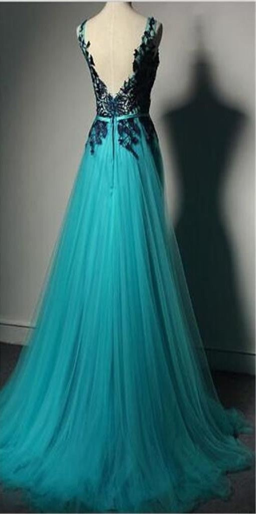 Unique Green Tulle A-line Long Classy Prom Dress-Purple Lace Applique Prom Dress Secondary image