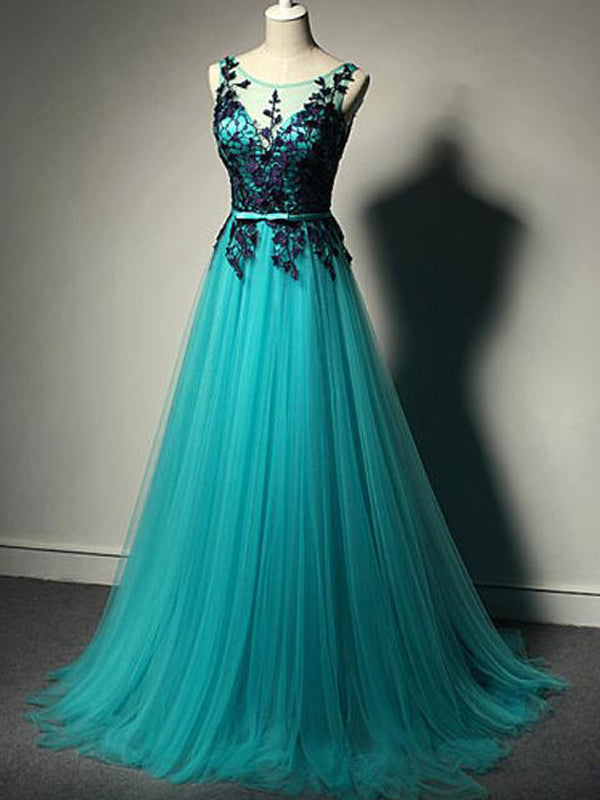 Unique Green Tulle A-line Long Classy Prom Dress-Purple Lace Applique Prom Dress