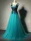 Unique Green Tulle A-line Long Classy Prom Dress-Purple Lace Applique Prom Dress