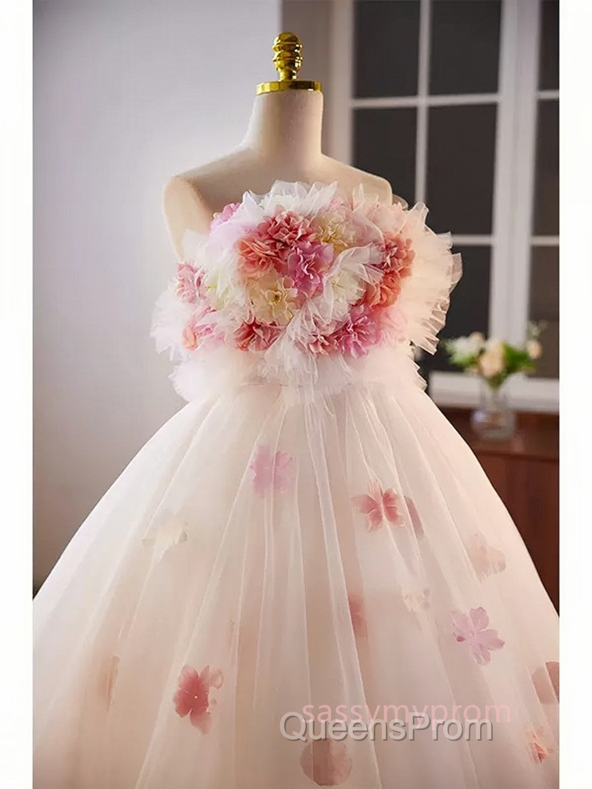 Unique High Low Flower Pink Tulle Sweetheart Evening Prom Dress Secondary image