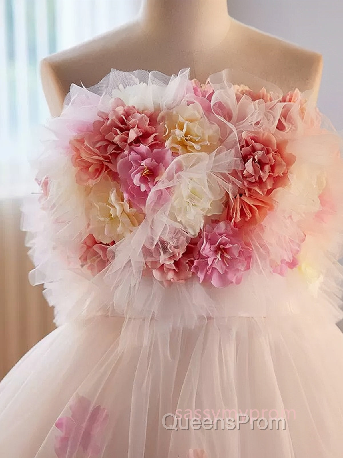 Unique High Low Flower Pink Tulle Sweetheart Evening Prom Dress
