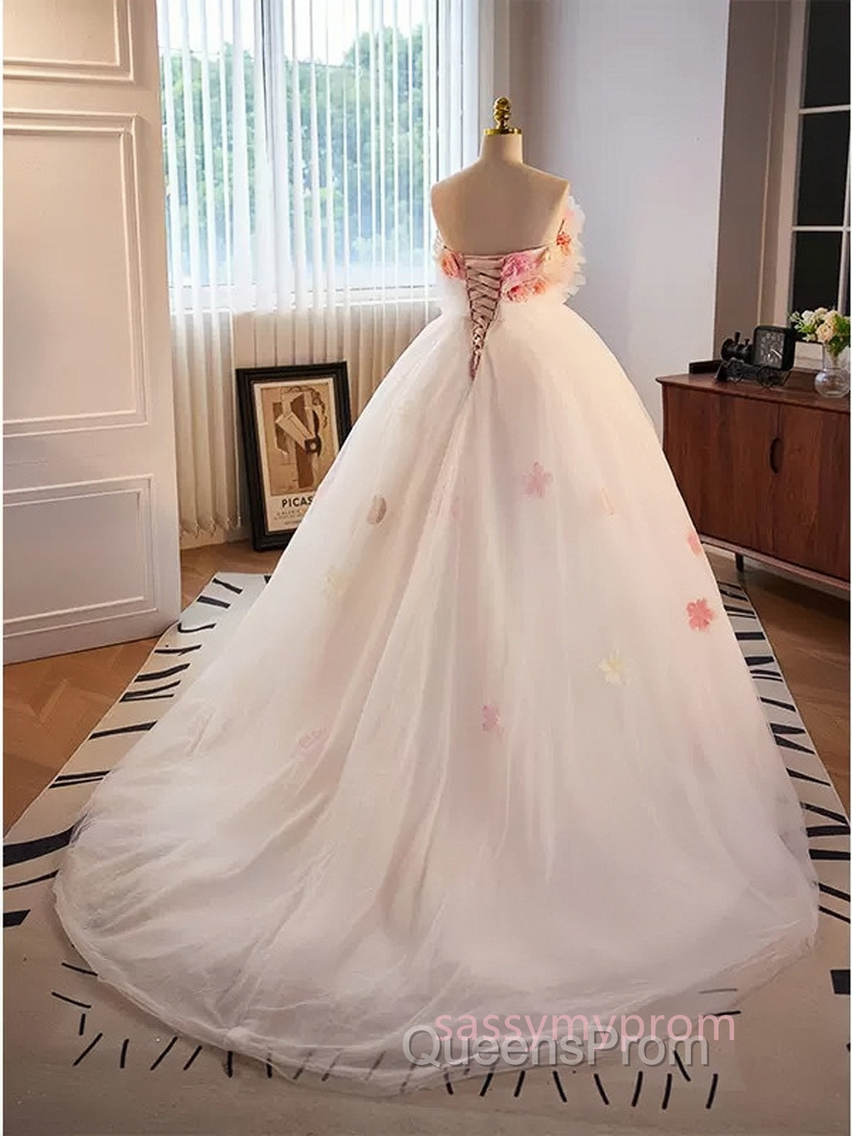 Unique High Low Flower Pink Tulle Sweetheart Evening Prom Dress