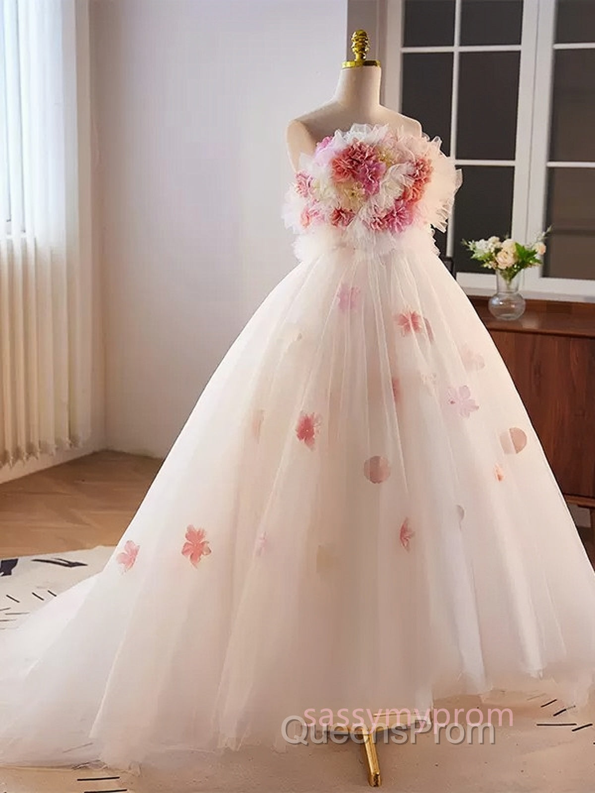 Unique High Low Flower Pink Tulle Sweetheart Evening Prom Dress